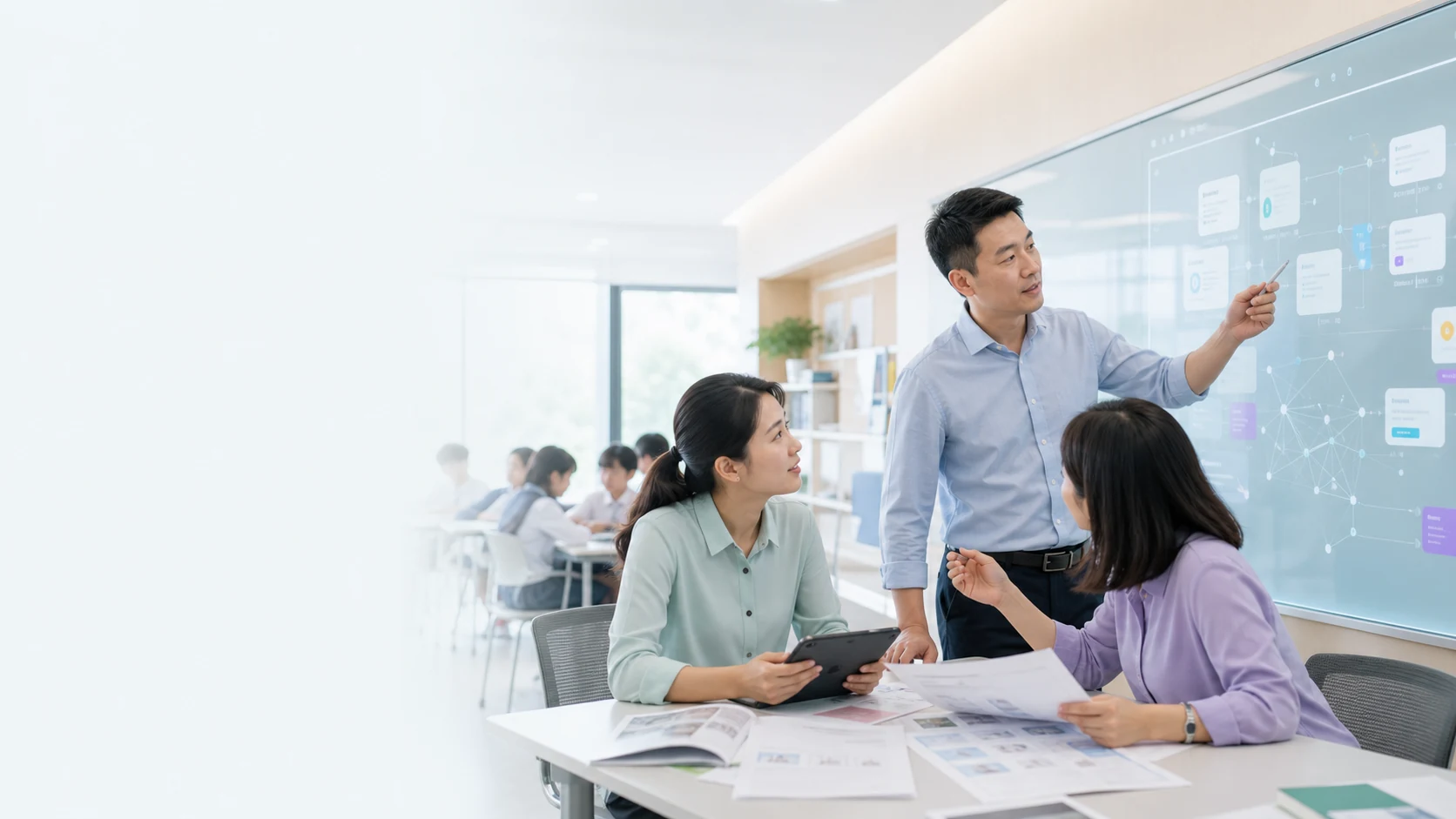 三名教师在明亮的研修空间中共同设计人工智能支持的课堂教学方案