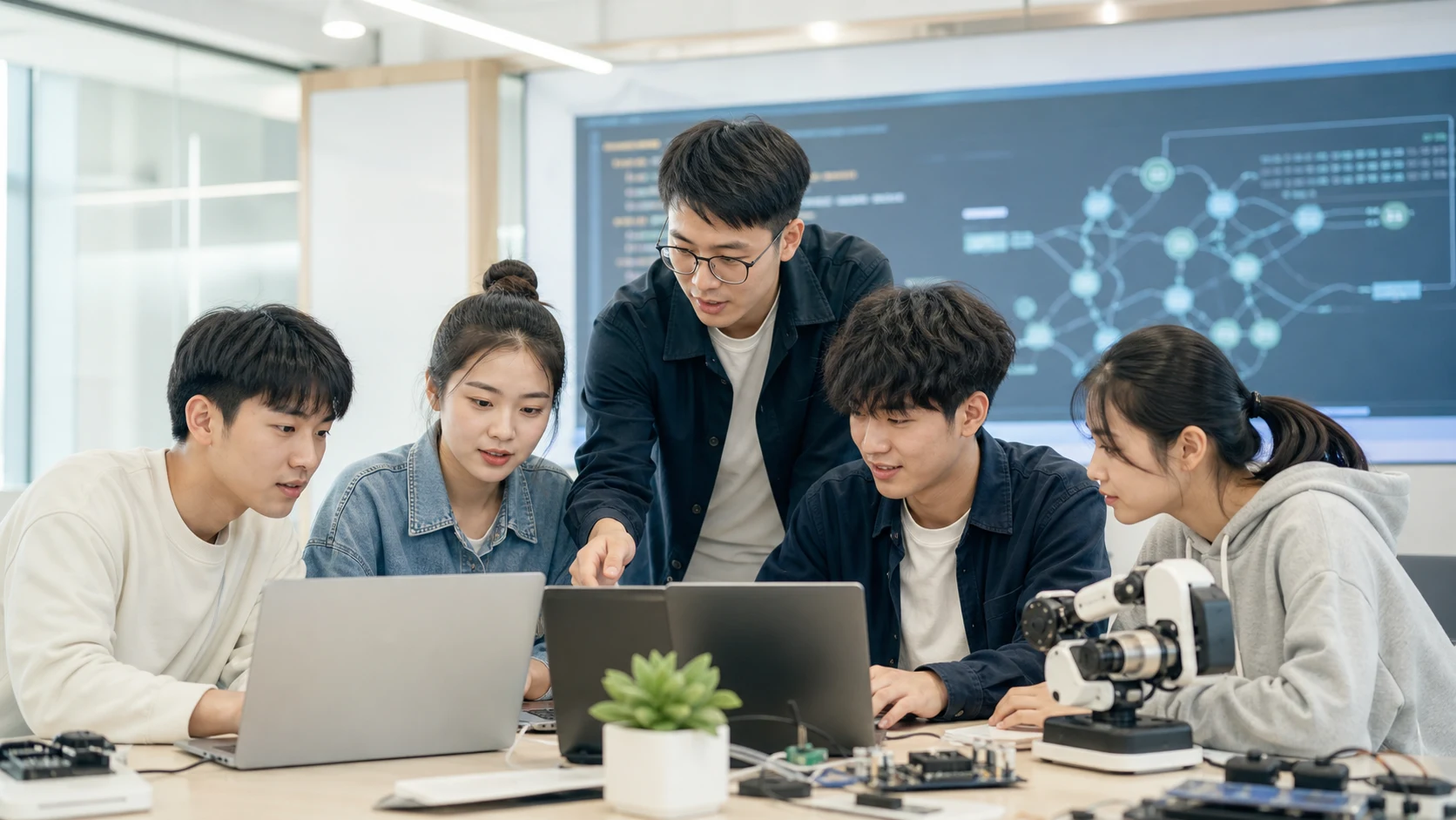 高职学生在人工智能工程实训空间中共同开发和测试AI应用项目