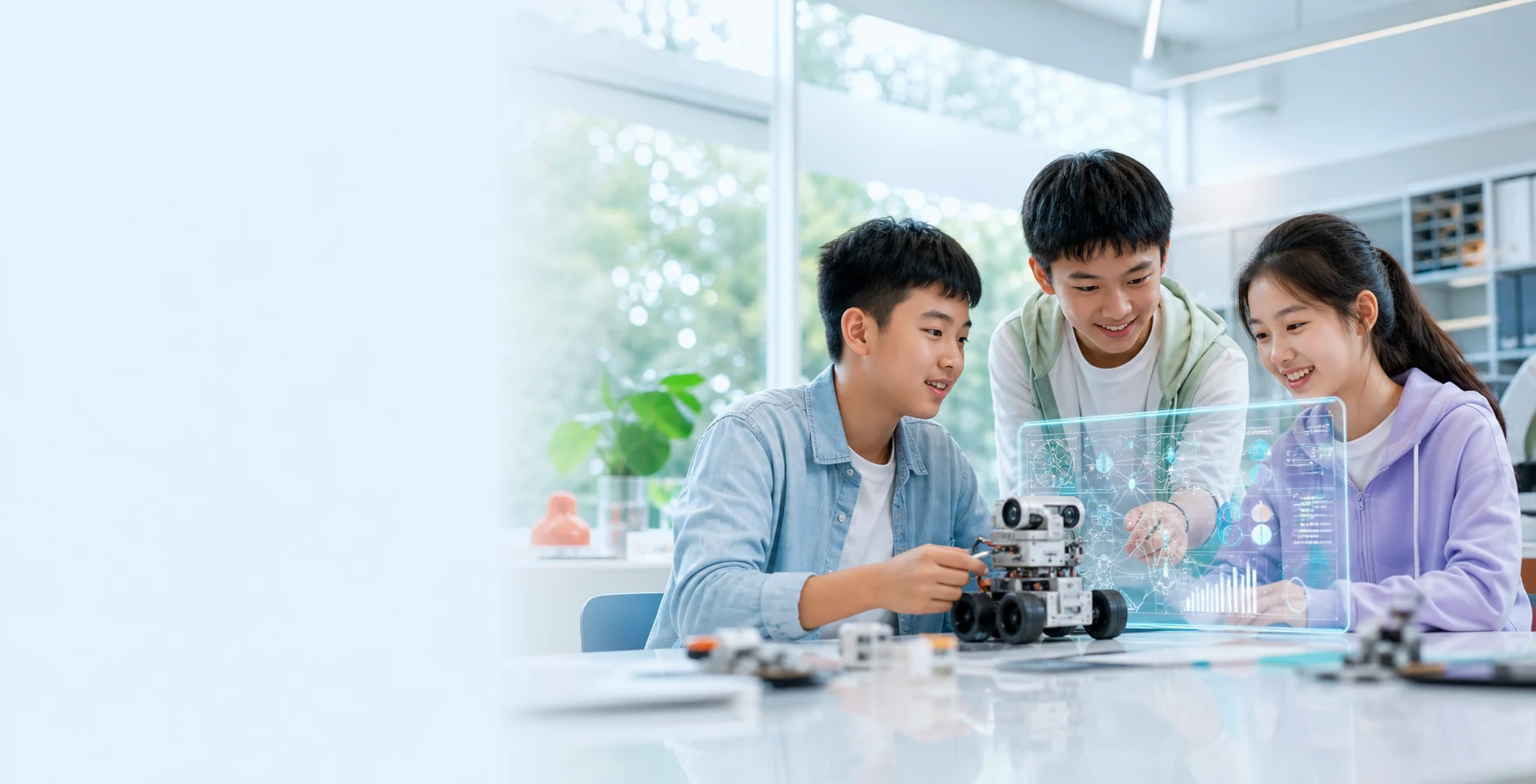 三名青少年在明亮的人工智能研学空间中协作完成机器人项目